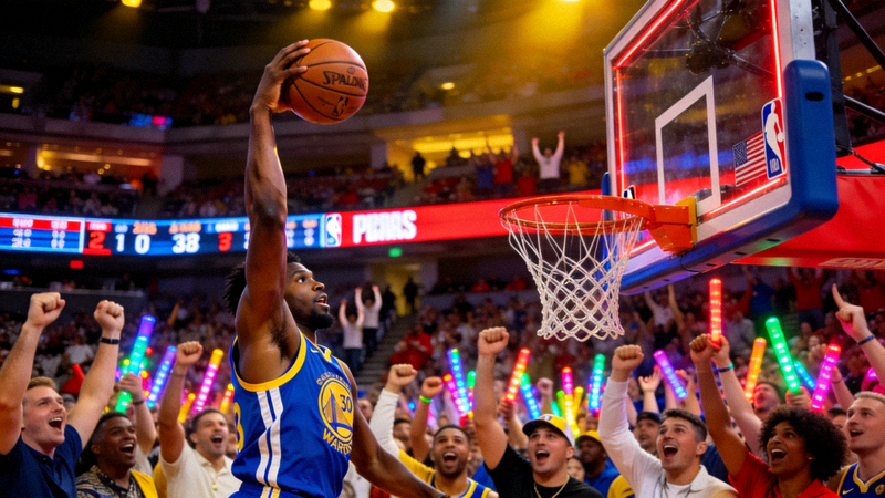 NBA总决赛篮球比赛，球员在禁区内跳投得分，篮球馆内观众欢呼沸腾